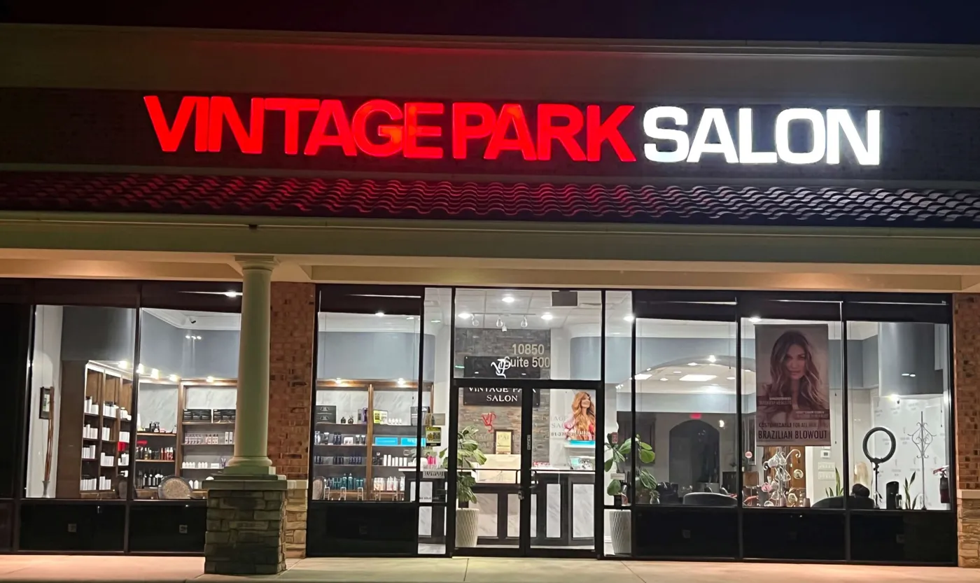 Vintage Park Salon storefront at night on Louetta Rd., Houston