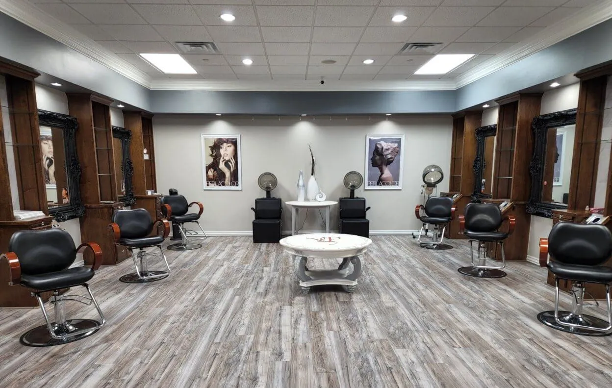 Salon floor and styling chairs at Vintage Park Salon