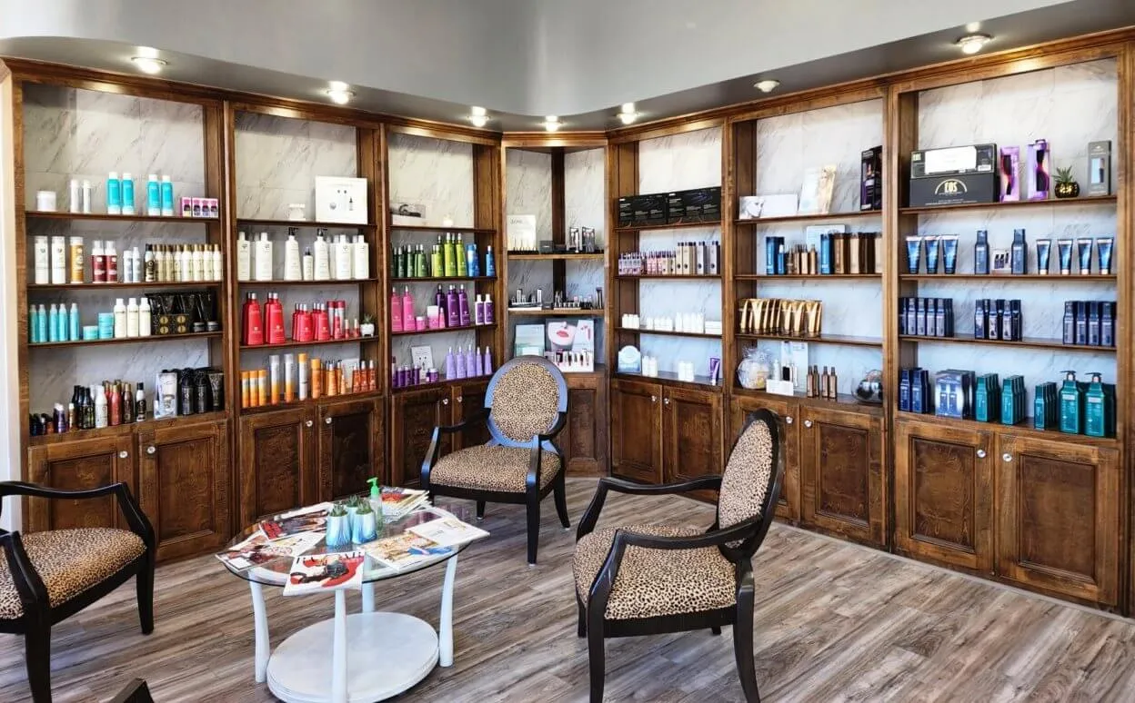 Professional hair-care product display at Vintage Park Salon